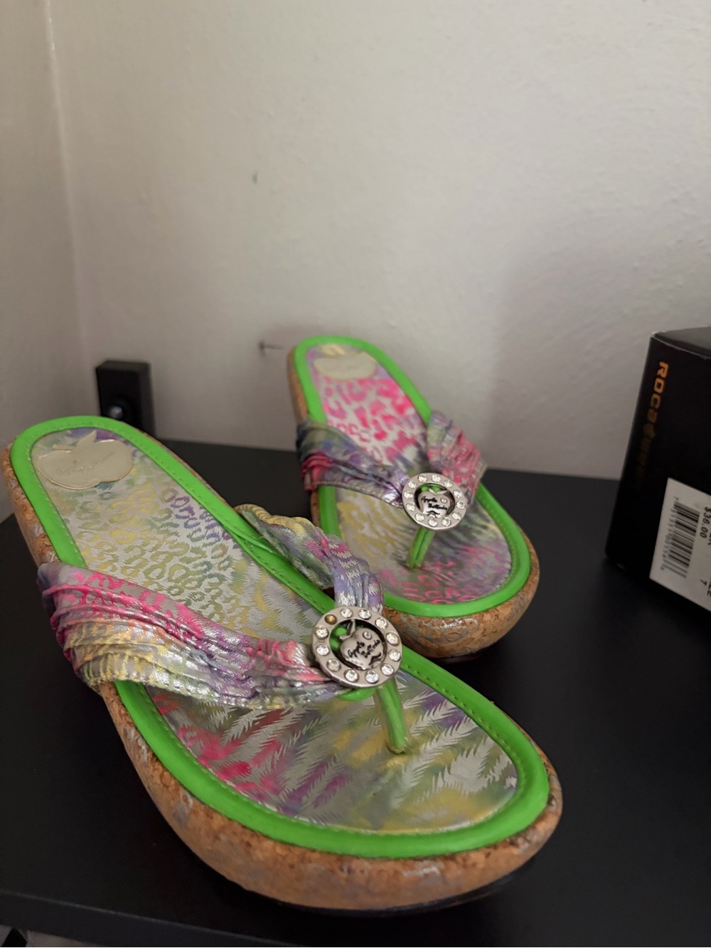 Apple Bottoms Green Multicolor Rhinestone Medallion Sandals Y2K
